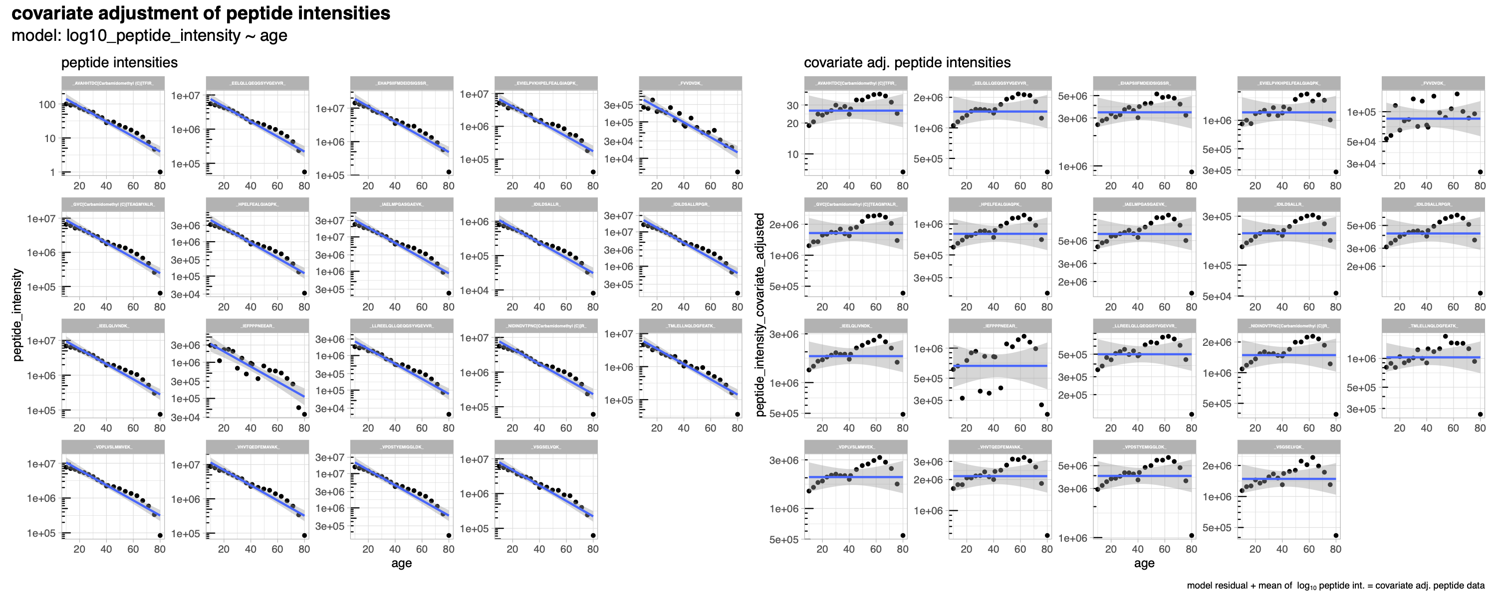 covariate adjustment example on simulated peptide data (left pannel: peptide intensities; right pannel: age adjusted peptide intensities)